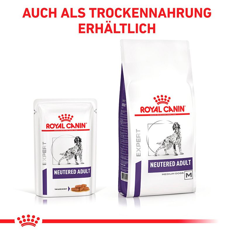 ROYAL CANIN Expert NEUTERED ADULT Feuchtnahrung Pouch und Trockennahrung Sack mit Hundebild.
