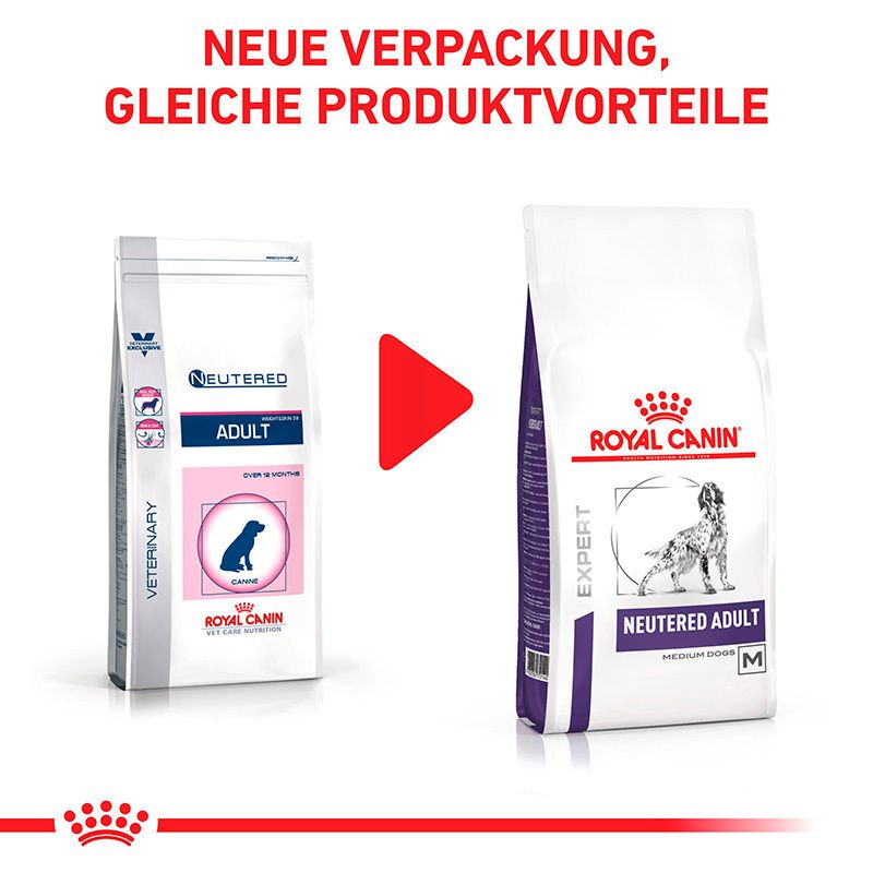 Vergleich von alter und neuer Verpackung von Royal Canin Expert Neutered Adult Medium Dogs Trockennahrung.