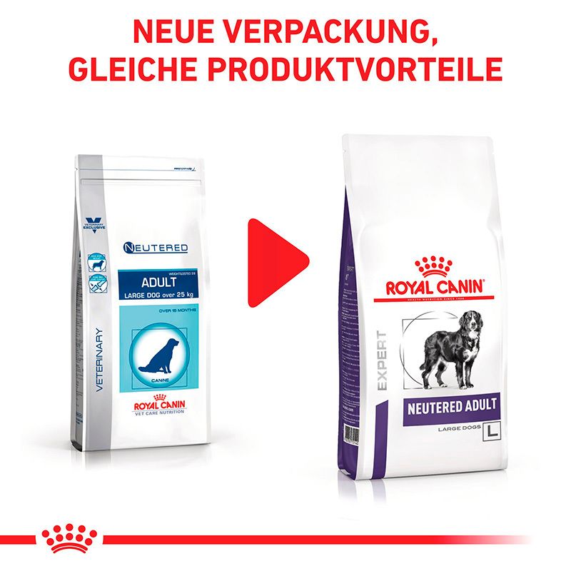 Verpackungsvergleich: Alte und neue Verpackung von ROYAL CANIN® Expert NEUTERED ADULT LARGE DOGS.