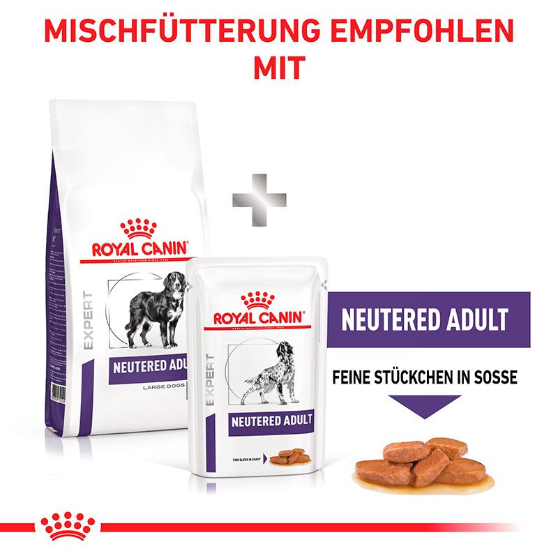 ROYAL CANIN® Expert NEUTERED ADULT LARGE DOGS Trockennahrung und Feine Stücken in Soße.