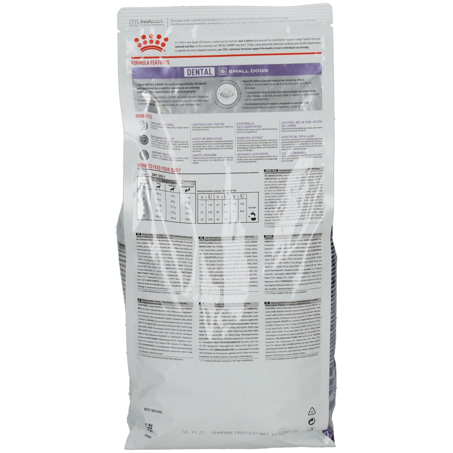 Rückseite eines Royal Canin Expert Dental Small Dogs Trockennahrung Beutels mit Nährwertangaben und Produktinformationen.