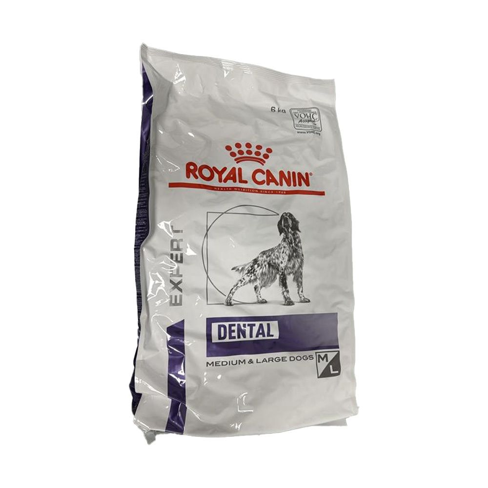 Royal Canin Expert Dental Hundefutter für mittlere und große Hunde. Weiße Tüte mit Hundebild.