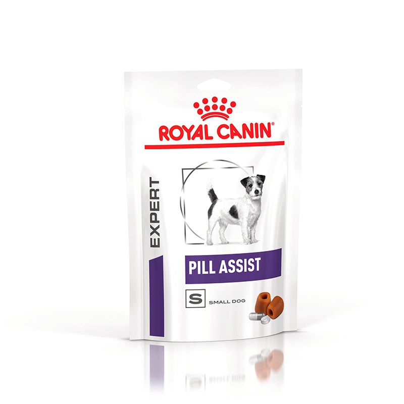 Royal Canin Pill Assist Small Dog Beutel mit Hundebild und Pillen.