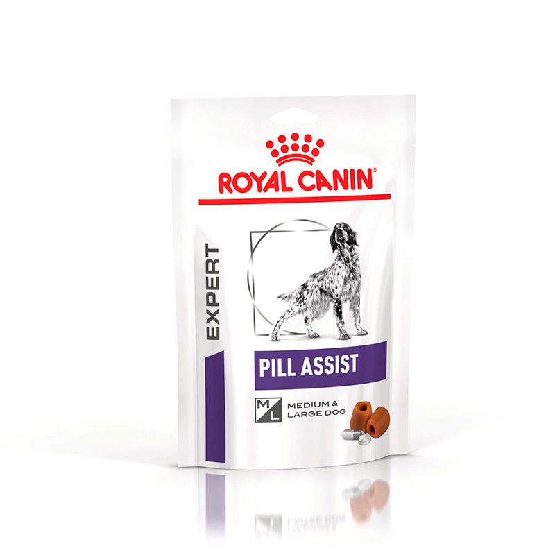Royal Canin Pill Assist Beutel für Hunde, mit Abbildung eines Hundes und Pillen.