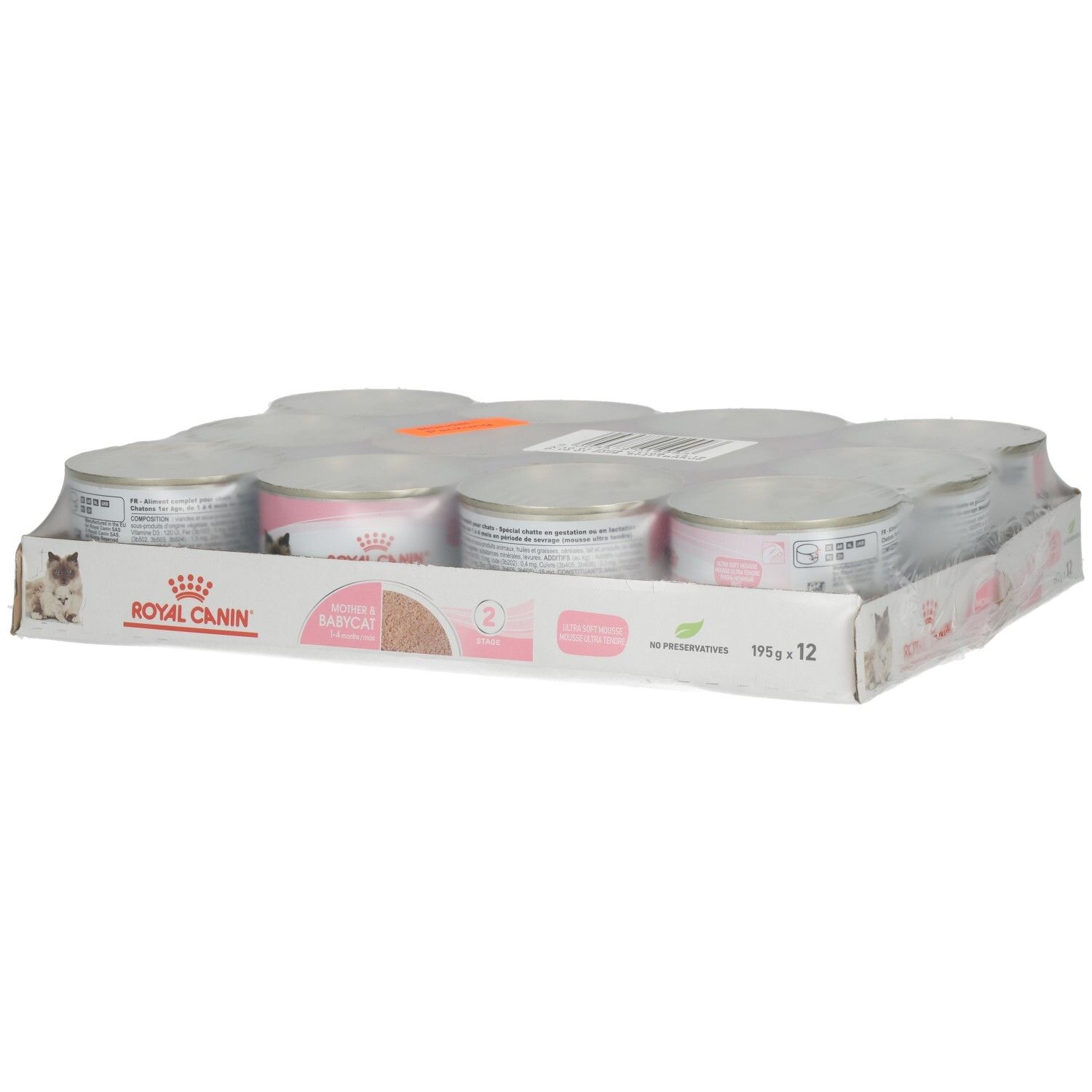 Zwölf Dosen ROYAL CANIN® Mother & Babycat Ultra Soft Mousse Katzenfutter im Multipack.