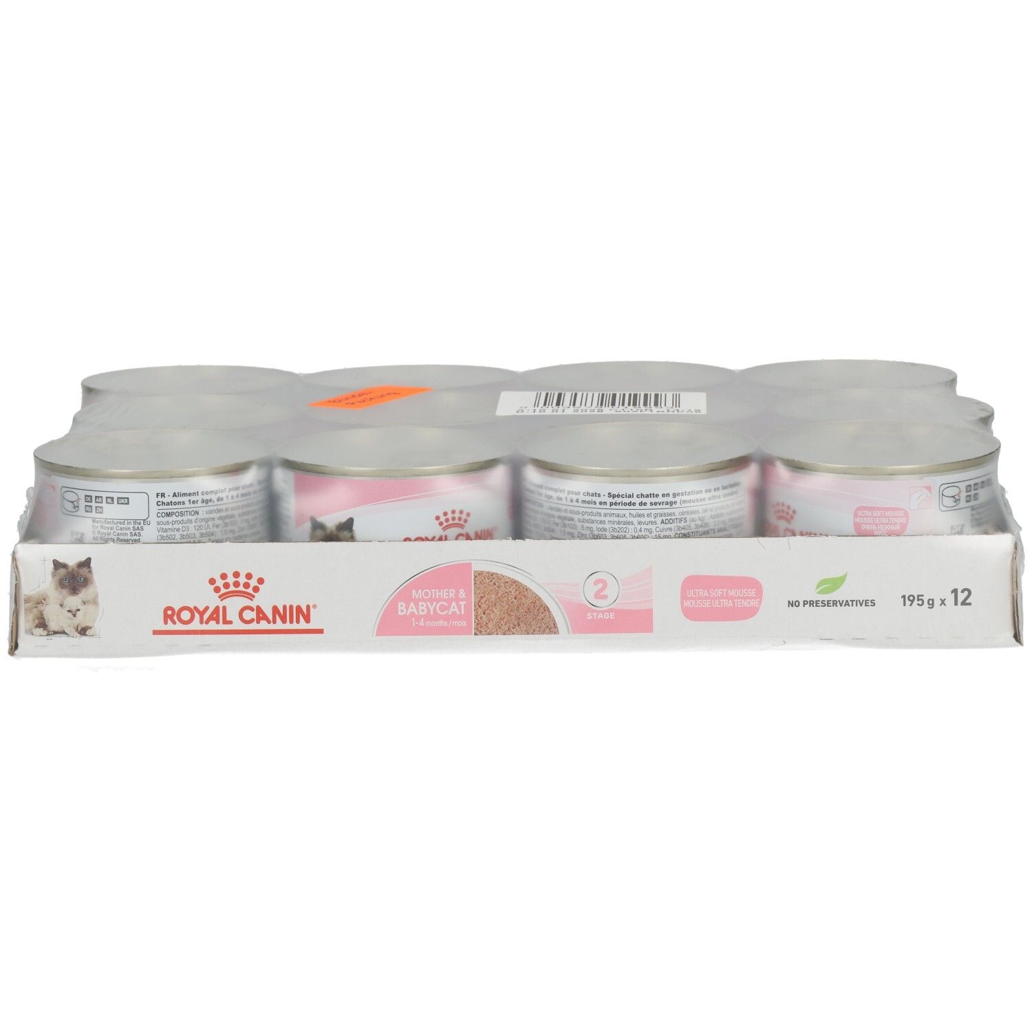 Zwölf Dosen ROYAL CANIN® Mother & Babycat Ultra Soft Mousse Katzenfutter im Multipack.