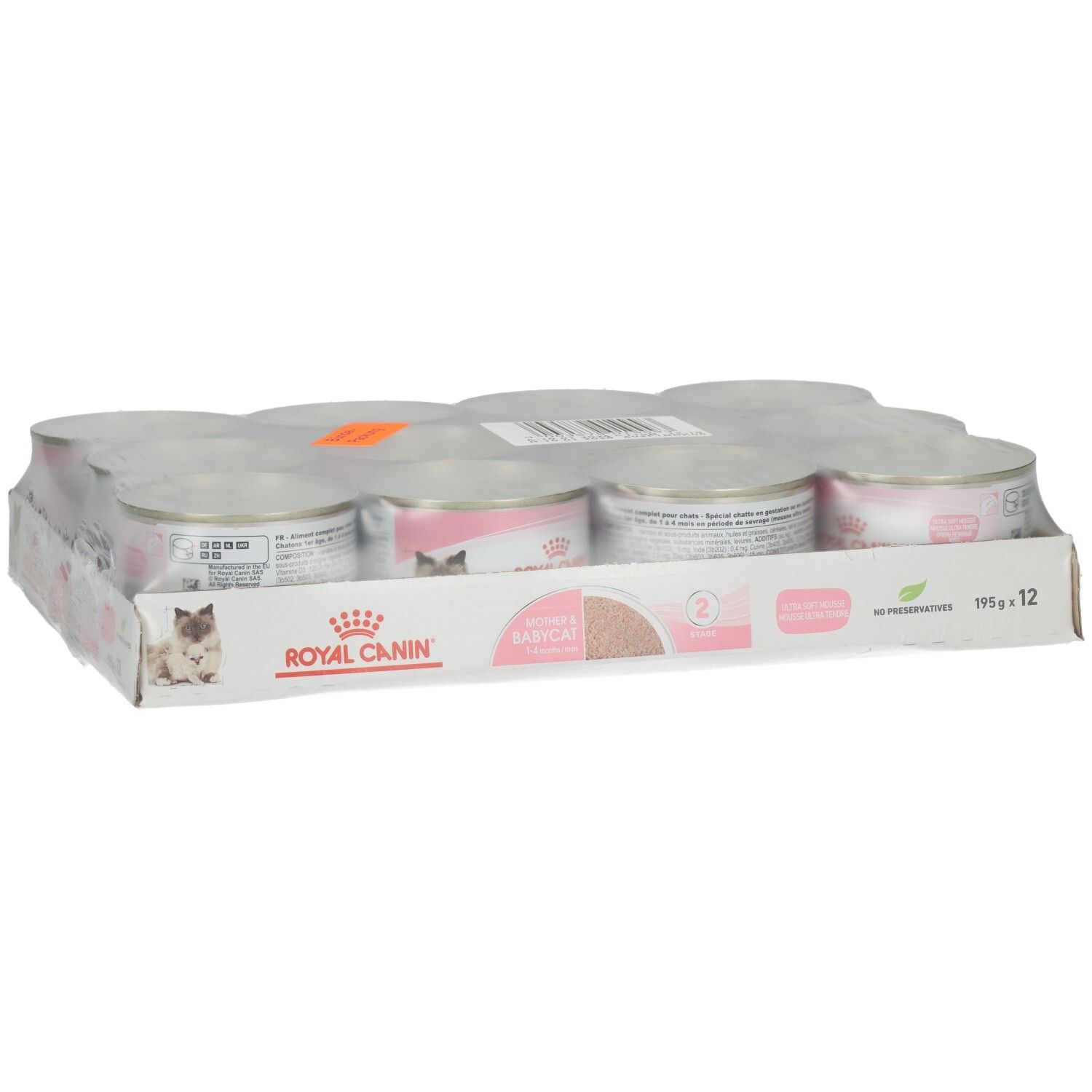Zwölf Dosen ROYAL CANIN® Mother & Babycat Ultra Soft Mousse Katzenfutter im Multipack.