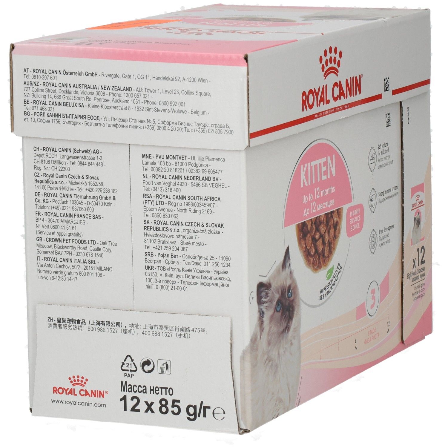 ROYAL CANIN Kitten Futterkarton mit 12 Beuteln à 85g, Rückseite mit Produktinformationen.