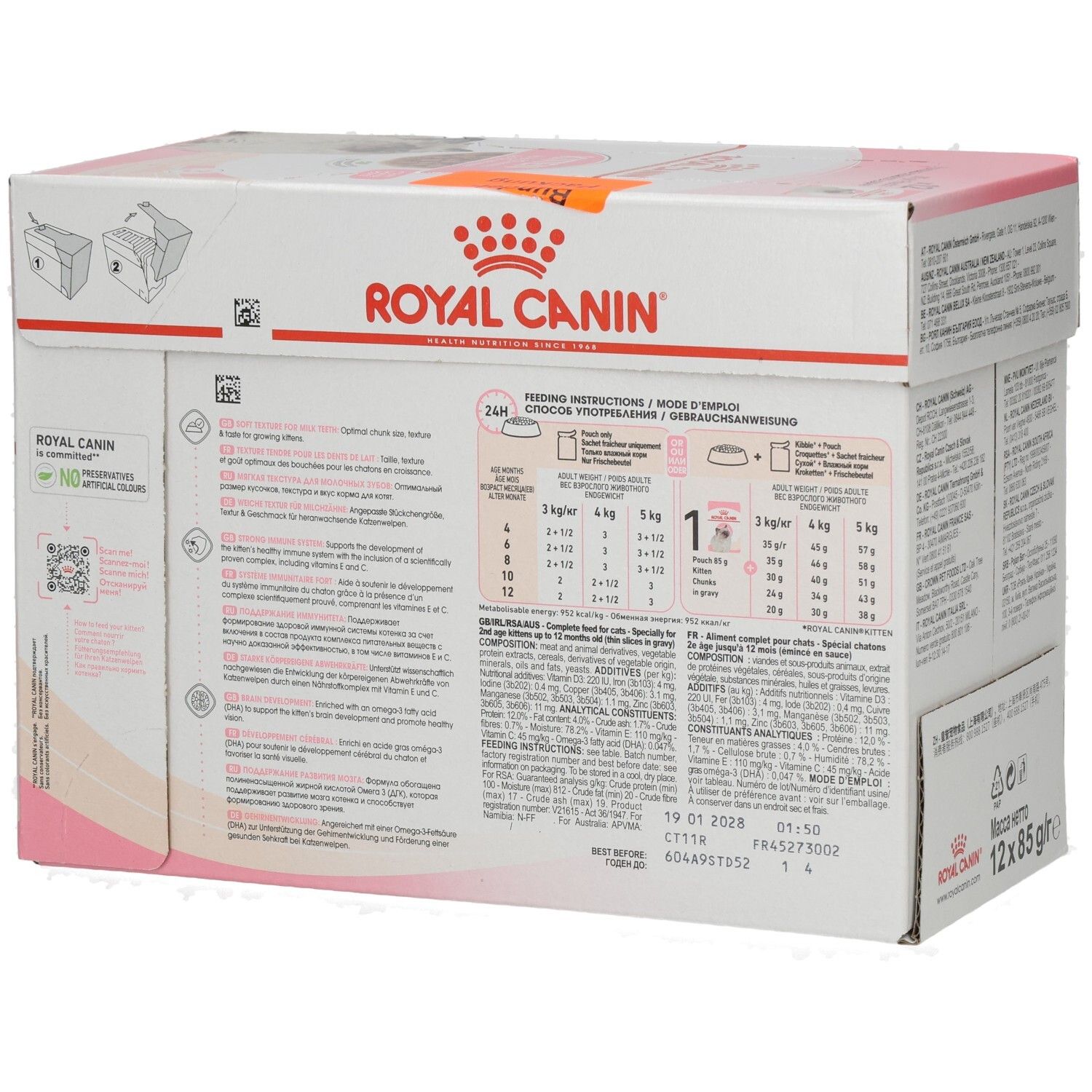 ROYAL CANIN Kitten Futterkarton mit 12 Beuteln à 85g, Rückseite mit Fütterungshinweisen.