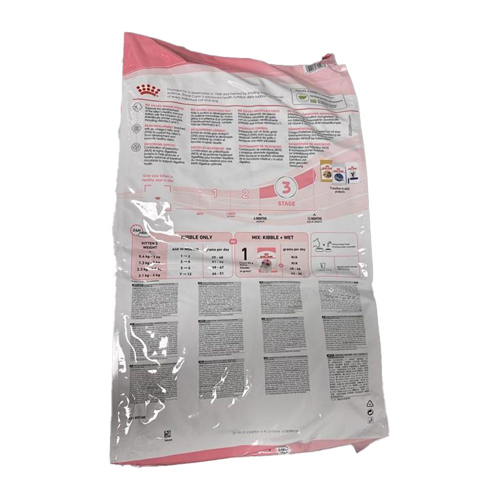 Rückseite eines ROYAL CANIN KITTEN Futterbeutels mit Fütterungstabellen und Produktinformationen.