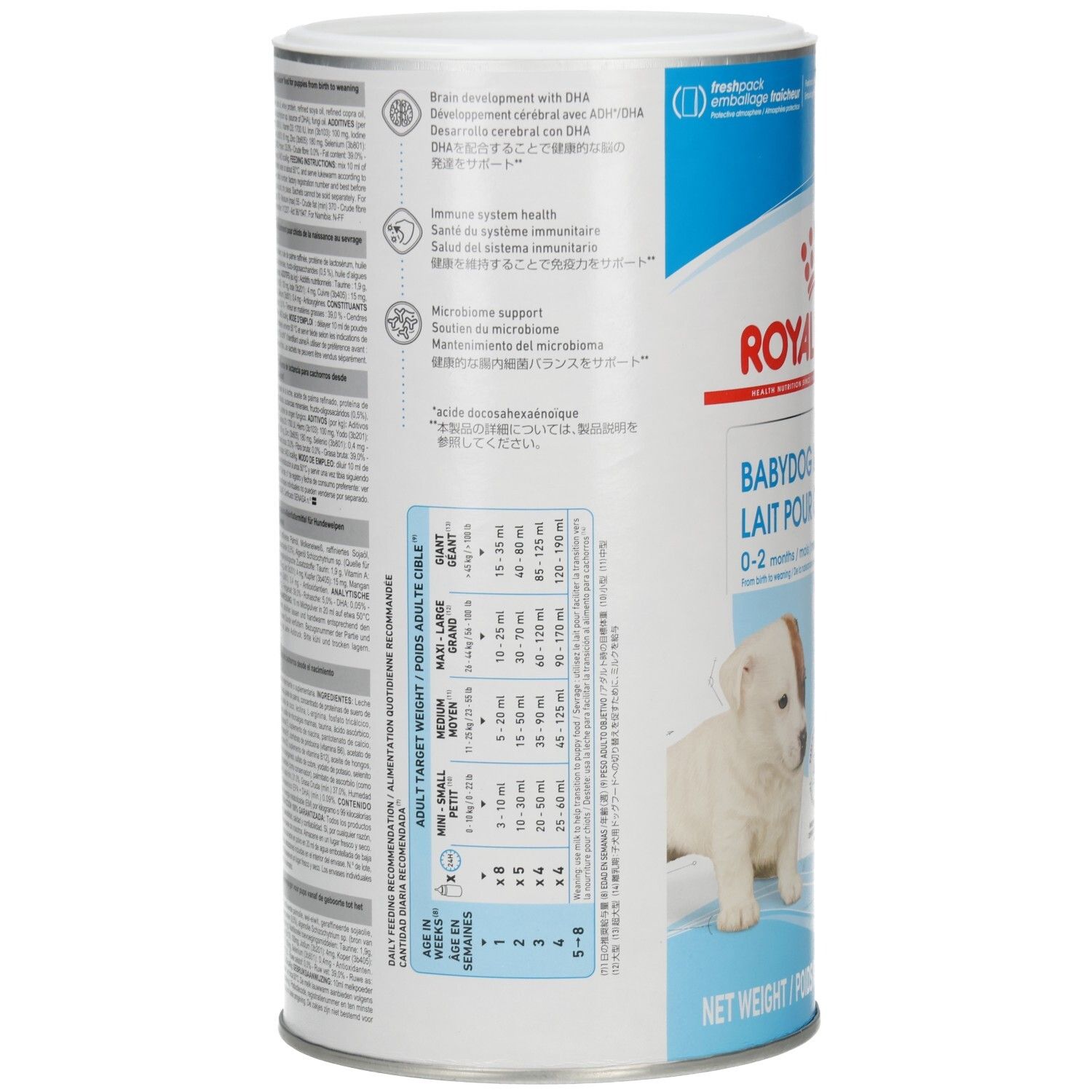 Rückseite der Royal Canin Babydog Milk Dose mit Fütterungstabelle und Hinweisen.