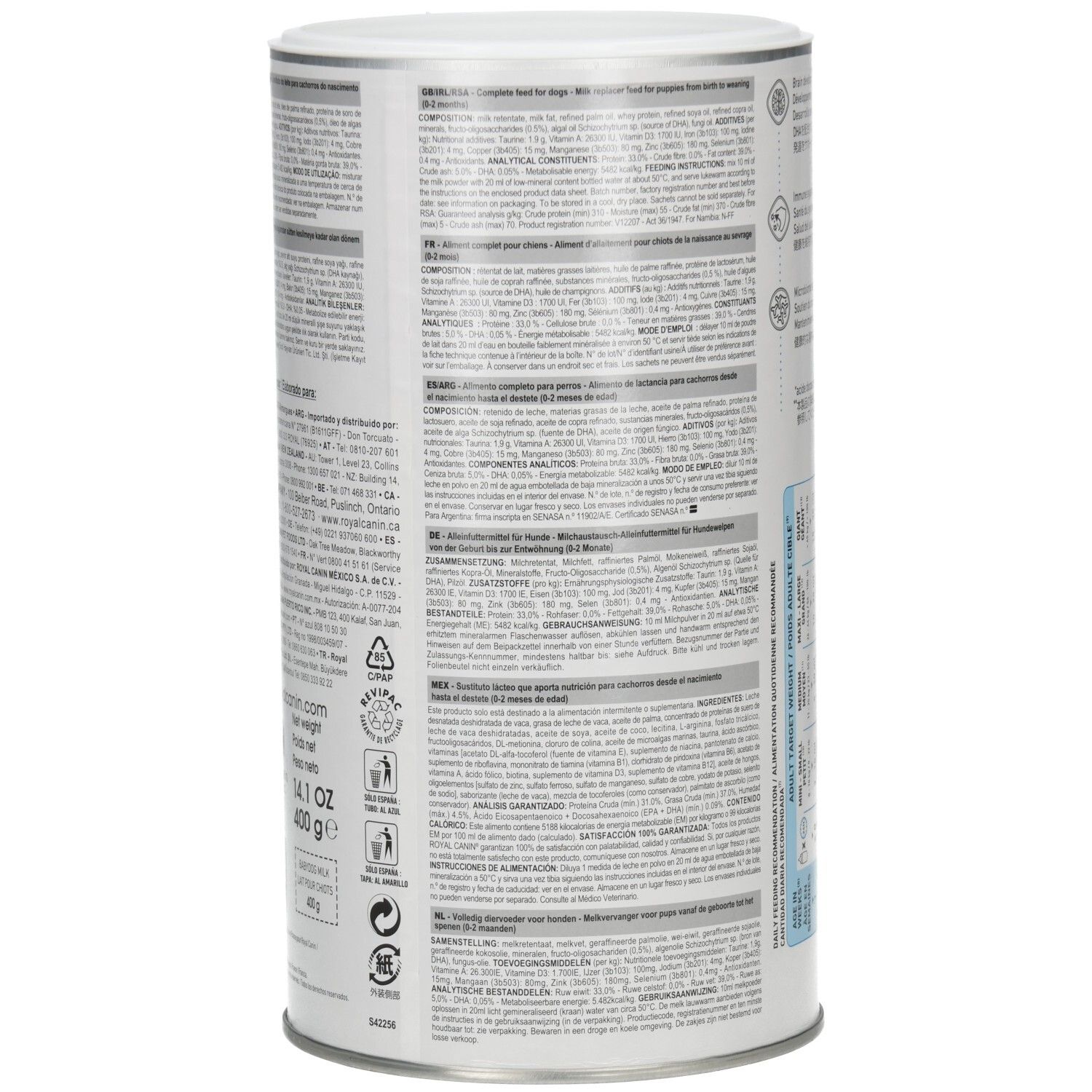 Seite der Royal Canin Babydog Milk Dose mit detaillierten Inhaltsstoffen und Herstellerangaben.