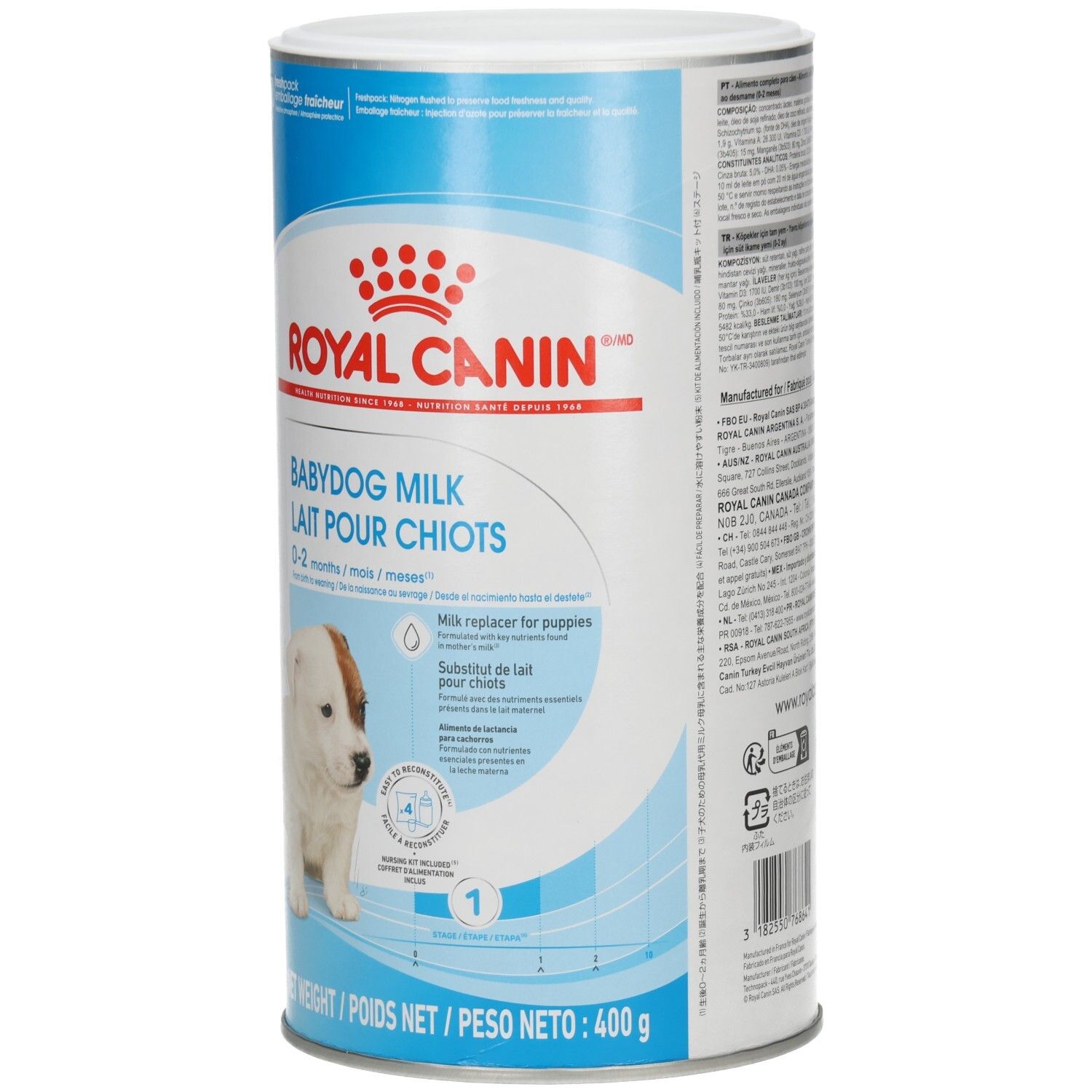 Vorderseite der Royal Canin Babydog Milk Dose mit Welpenbild und Produktbezeichnung.