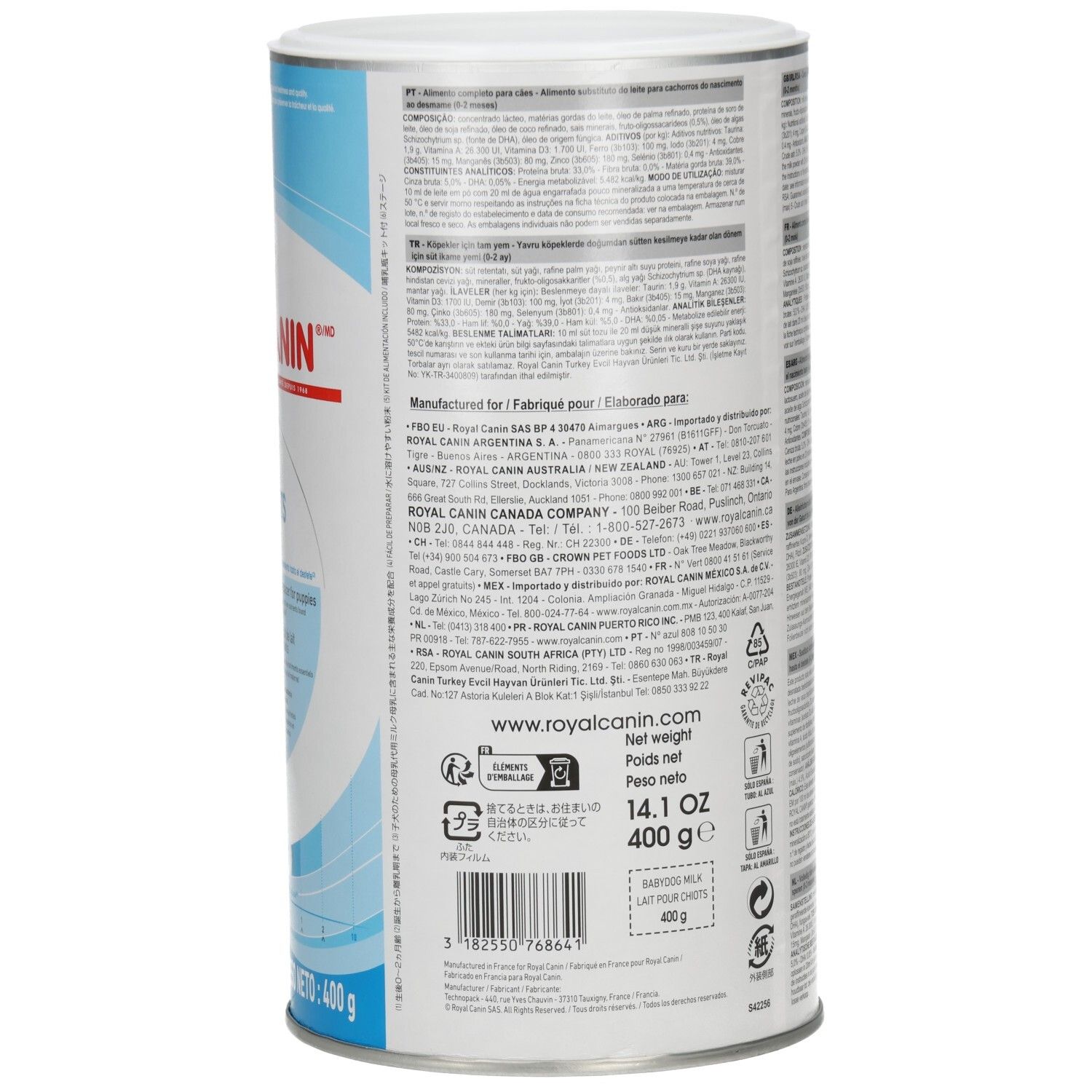 Seite der Royal Canin Babydog Milk Dose mit Produktinformationen und Barcode.