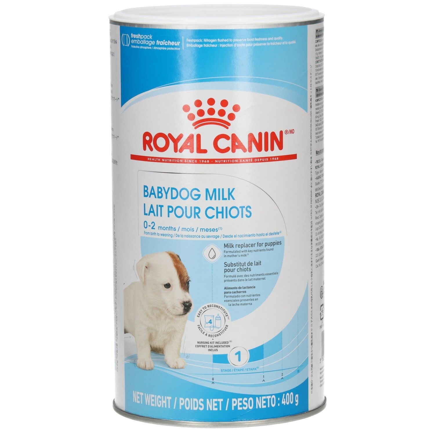 Royal Canin Babydog Milk Dose mit Welpenbild, Produktbezeichnung und Nettofüllmenge.