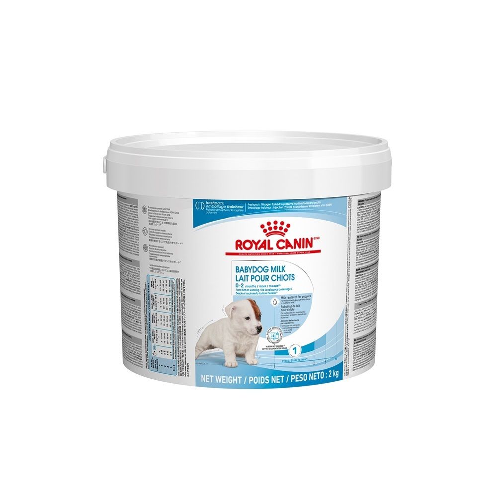 ROYAL CANIN® Babydog Milk 2kg Eimer mit Welpenabbildung und Produktinformationen.