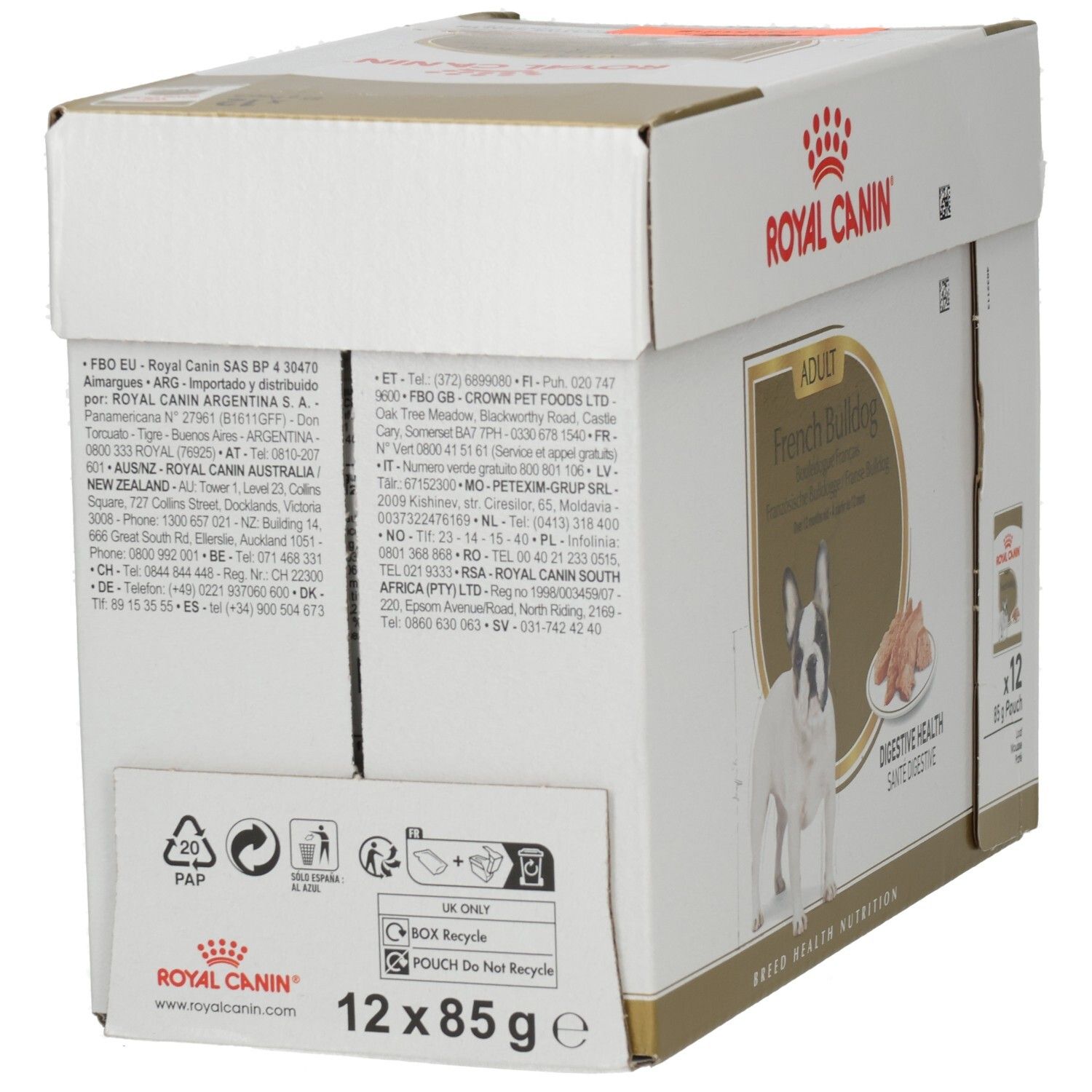 Rückseite eines Royal Canin French Bulldog Adult Futterkartons mit Fütterungshinweisen.