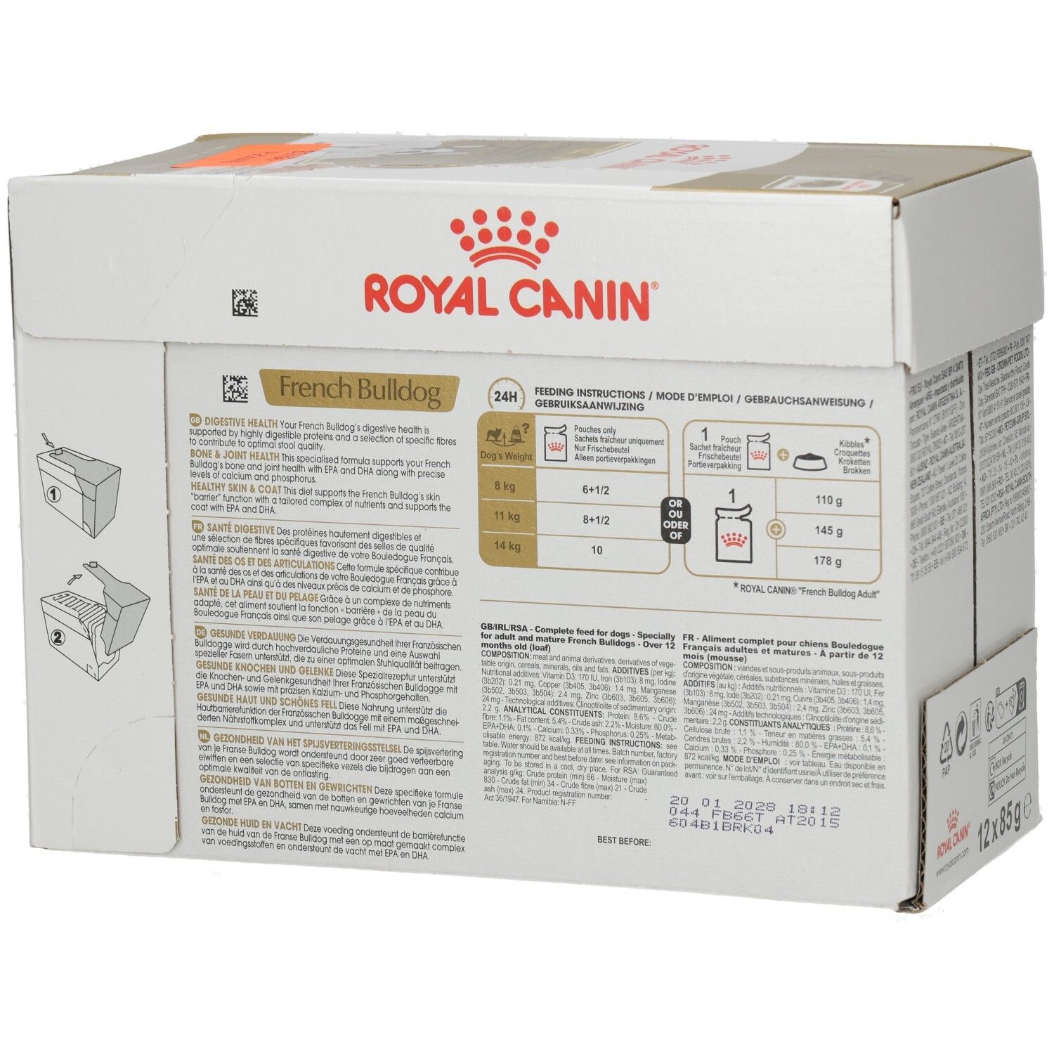 Seitenansicht eines Royal Canin French Bulldog Adult Futterkartons mit Produktinformationen.