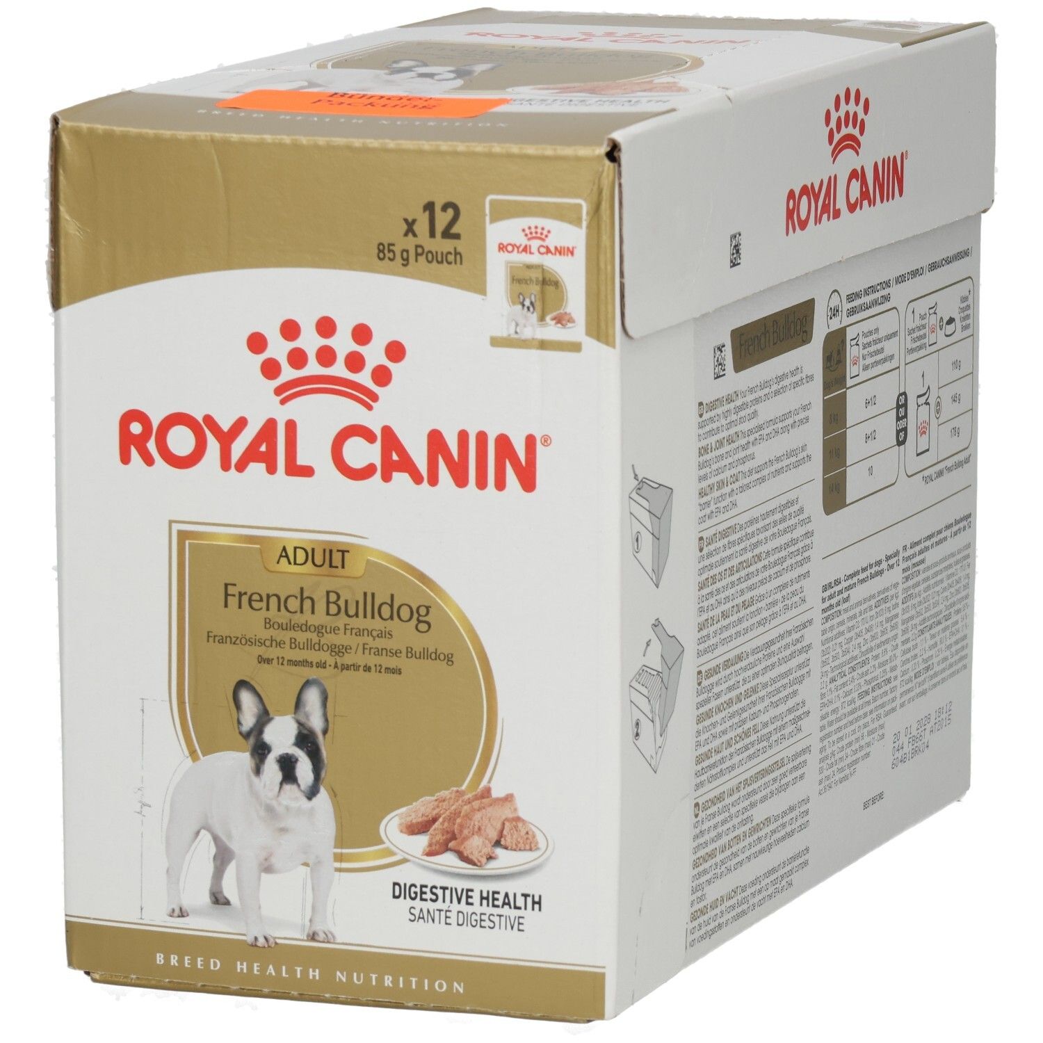 Vorderseite eines Royal Canin French Bulldog Adult Futterkartons mit Hundebild und Futter.