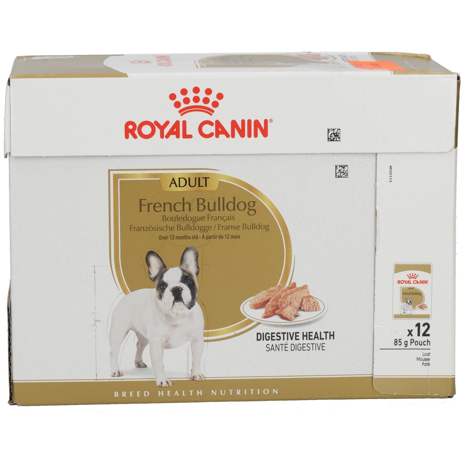 Royal Canin French Bulldog Adult Futterkarton, Vorderansicht mit Hund und Futter.