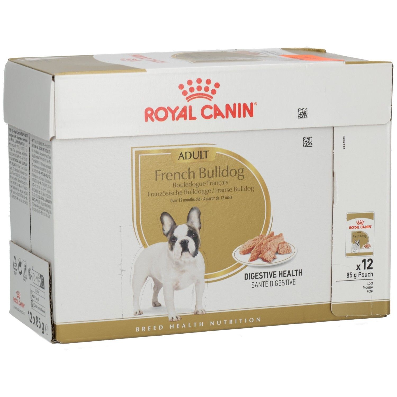 Detailansicht des Royal Canin Logos auf einem French Bulldog Adult Futterkarton.