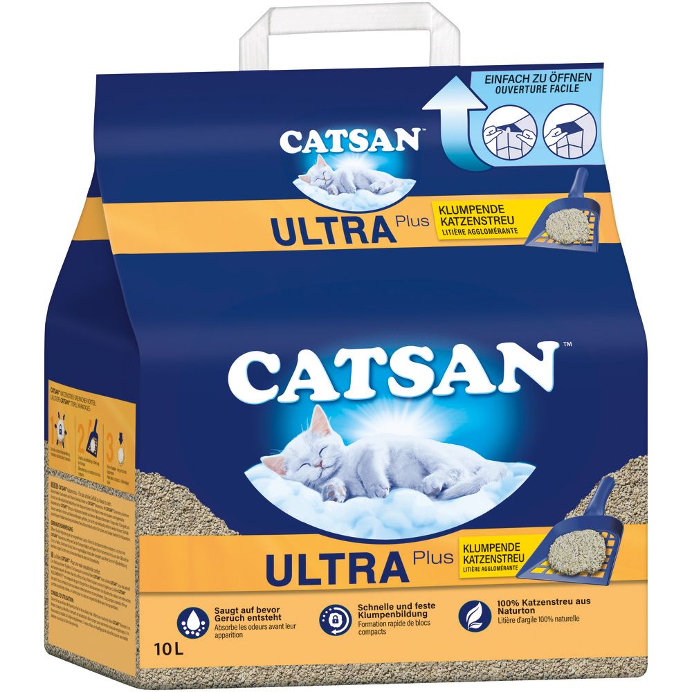 CATSAN Ultra Plus Klumpstreu-Verpackung mit Katzenmotiv und Produktinformationen.