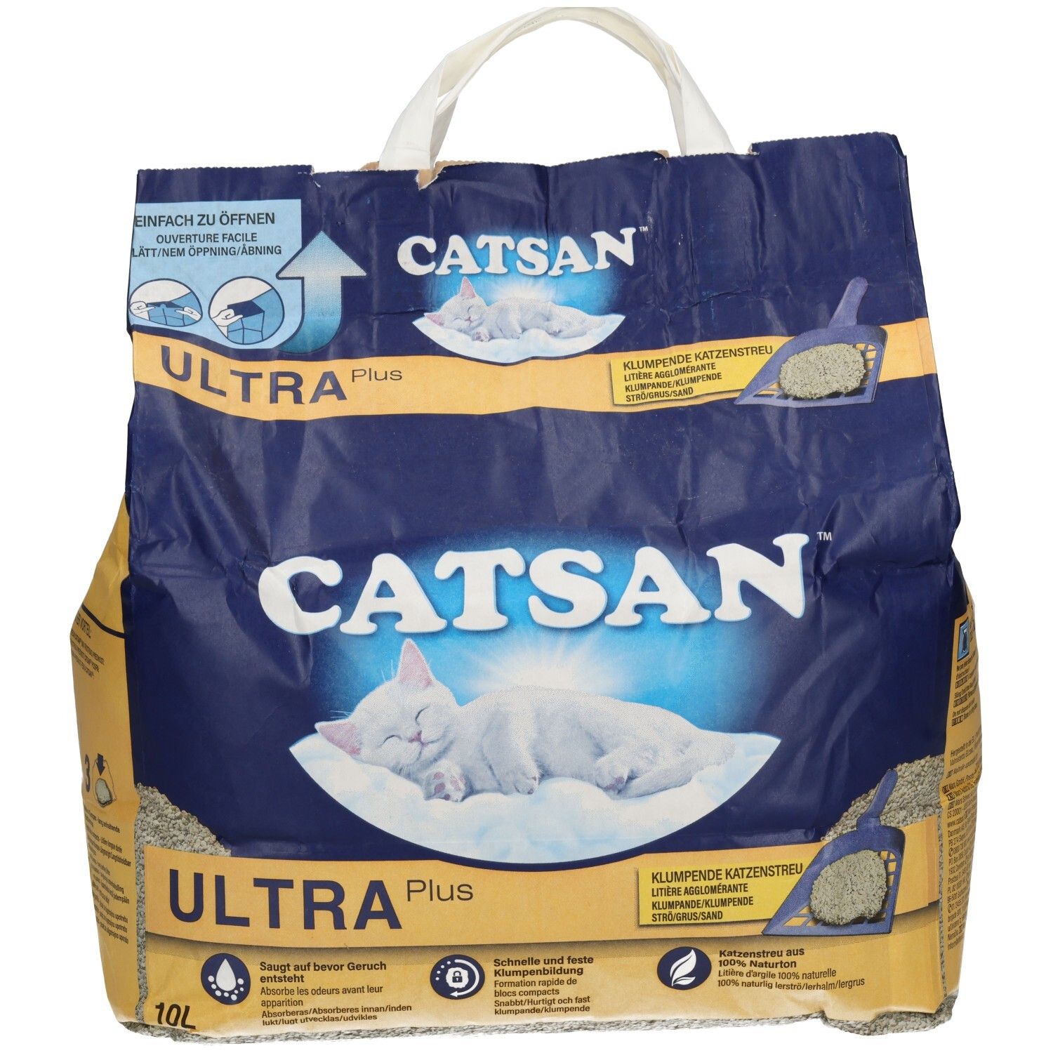 Vorderseite der CATSAN Ultra Plus Klumpstreu-Verpackung mit Katzenmotiv.