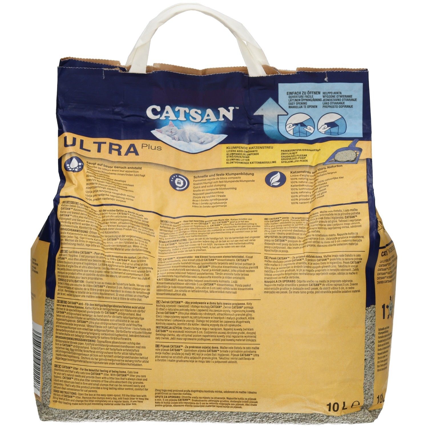 Rückseite der CATSAN Ultra Plus Klumpstreu-Verpackung mit detaillierten Produktinformationen.