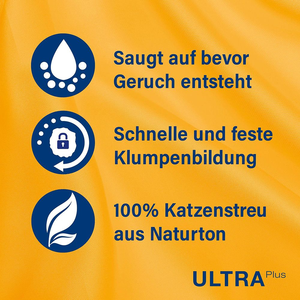 Drei Icons: Saugfähigkeit, Klumpenbildung, 100% Naturton für CATSAN Ultra Plus.