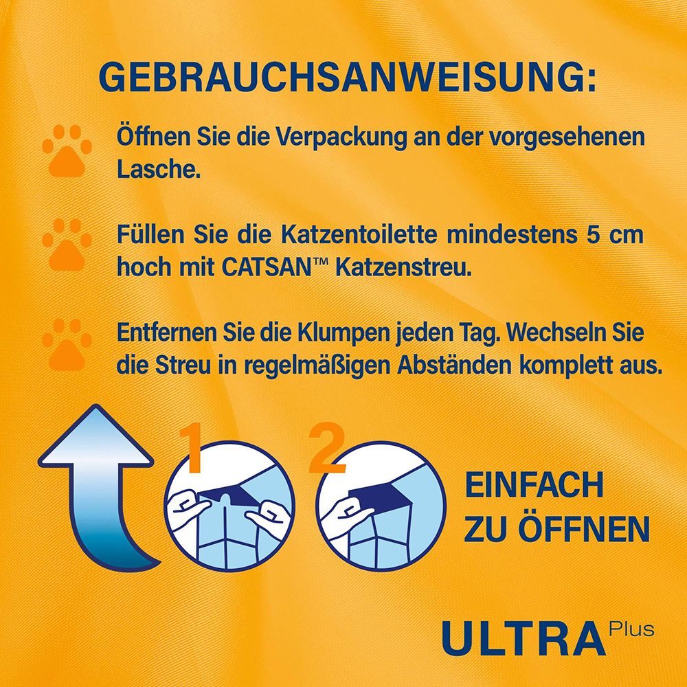 Gebrauchsanweisung für CATSAN Ultra Plus: Öffnen, Füllen, Klumpen entfernen.