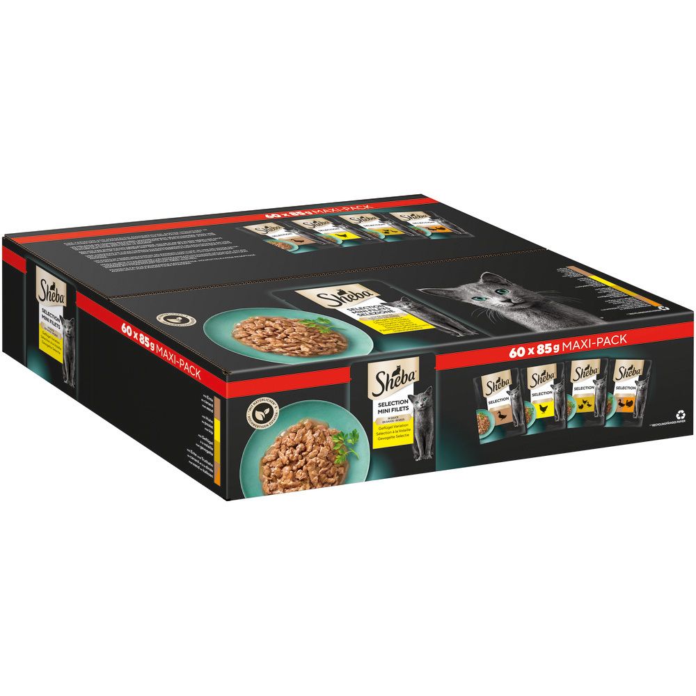 Großpackung Sheba Katzennahrung, 60 x 85g Maxi-Pack. Zeigt die Verpackung mit Abbildungen von Futter und Katzen.
