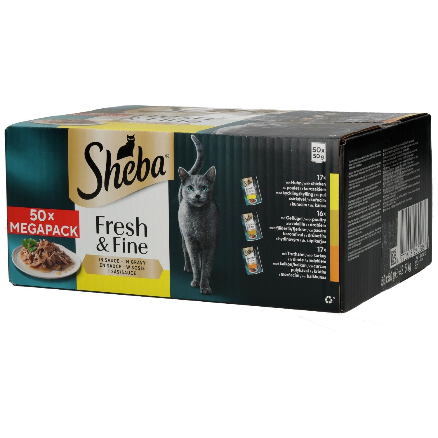 Sheba Fresh & Fine Multipackung mit 50 Beuteln Katzenfutter in Sauce.