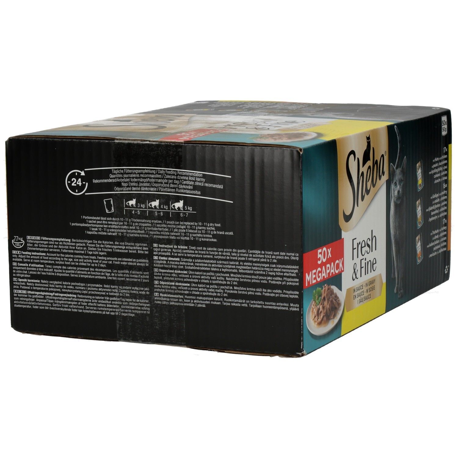 Sheba Fresh & Fine Multipackung mit 50 Beuteln Katzenfutter in Sauce.