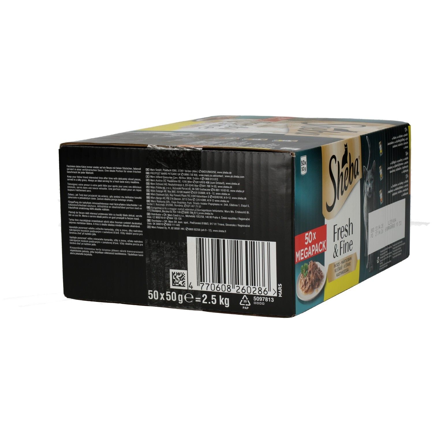 Sheba Fresh & Fine Multipackung mit 50 Beuteln Katzenfutter in Sauce.