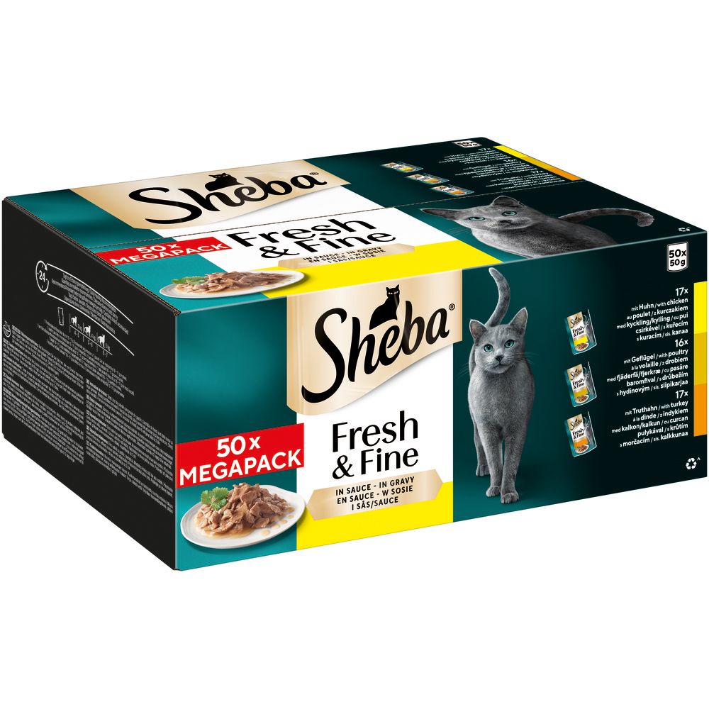 Sheba Fresh & Fine Multipackung mit 50 Beuteln, Geflügel in Sauce, Seitenansicht.