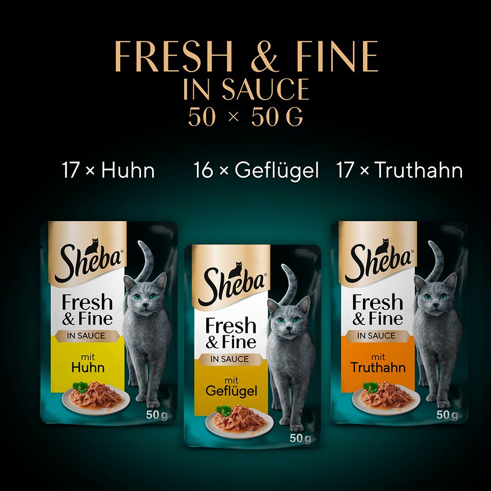 Sheba Fresh & Fine Beutel: Huhn, Geflügel und Truthahn in Sauce.