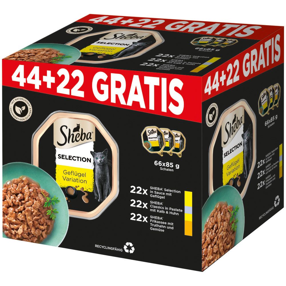 SHEBA Schale PLUSPACK Geflügel 44 + 22 Gratis. Enthält 66 Schalen à 85g. Verschiedene Sorten Geflügel.
