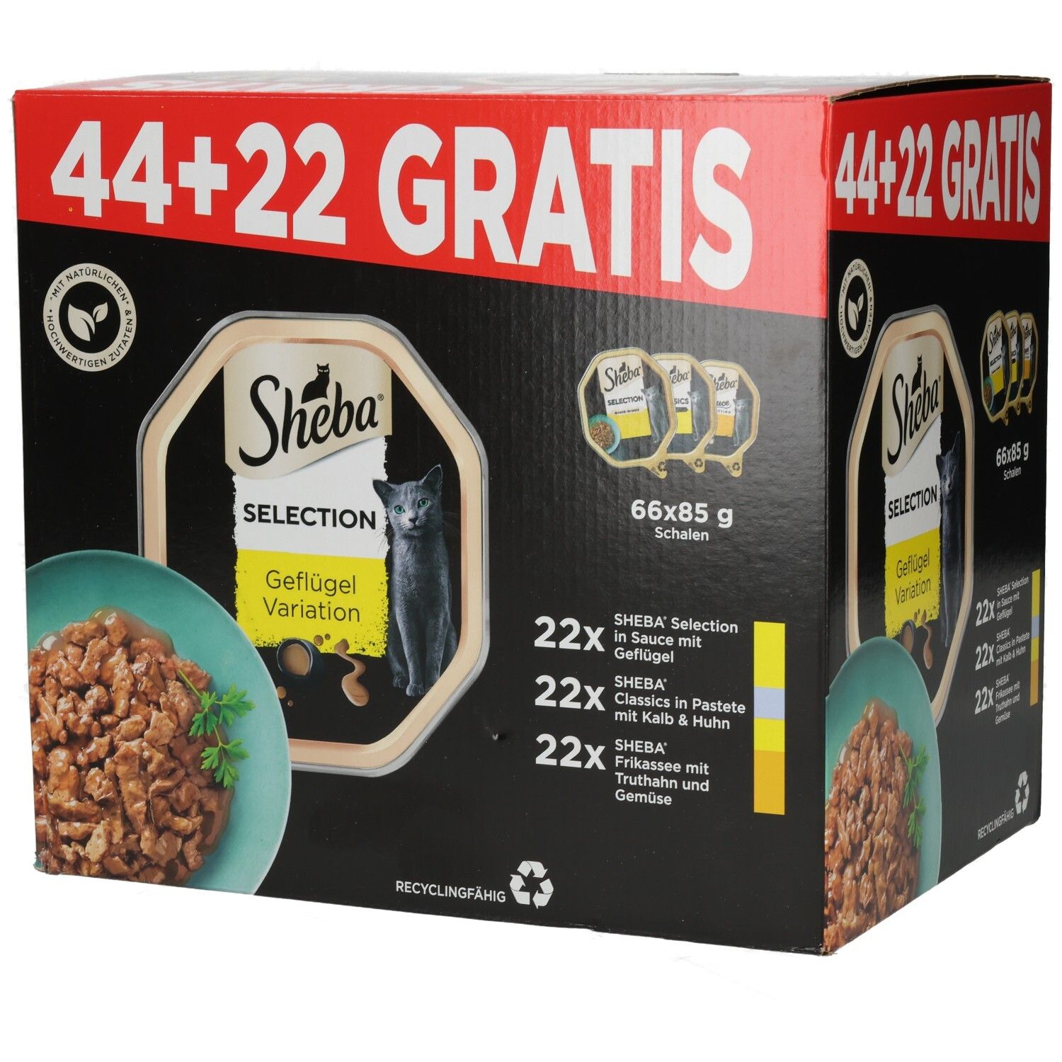 SHEBA Schale PLUSPACK Geflügel 44 + 22 Gratis. Enthält 66 Schalen à 85g. Verschiedene Sorten Geflügel.