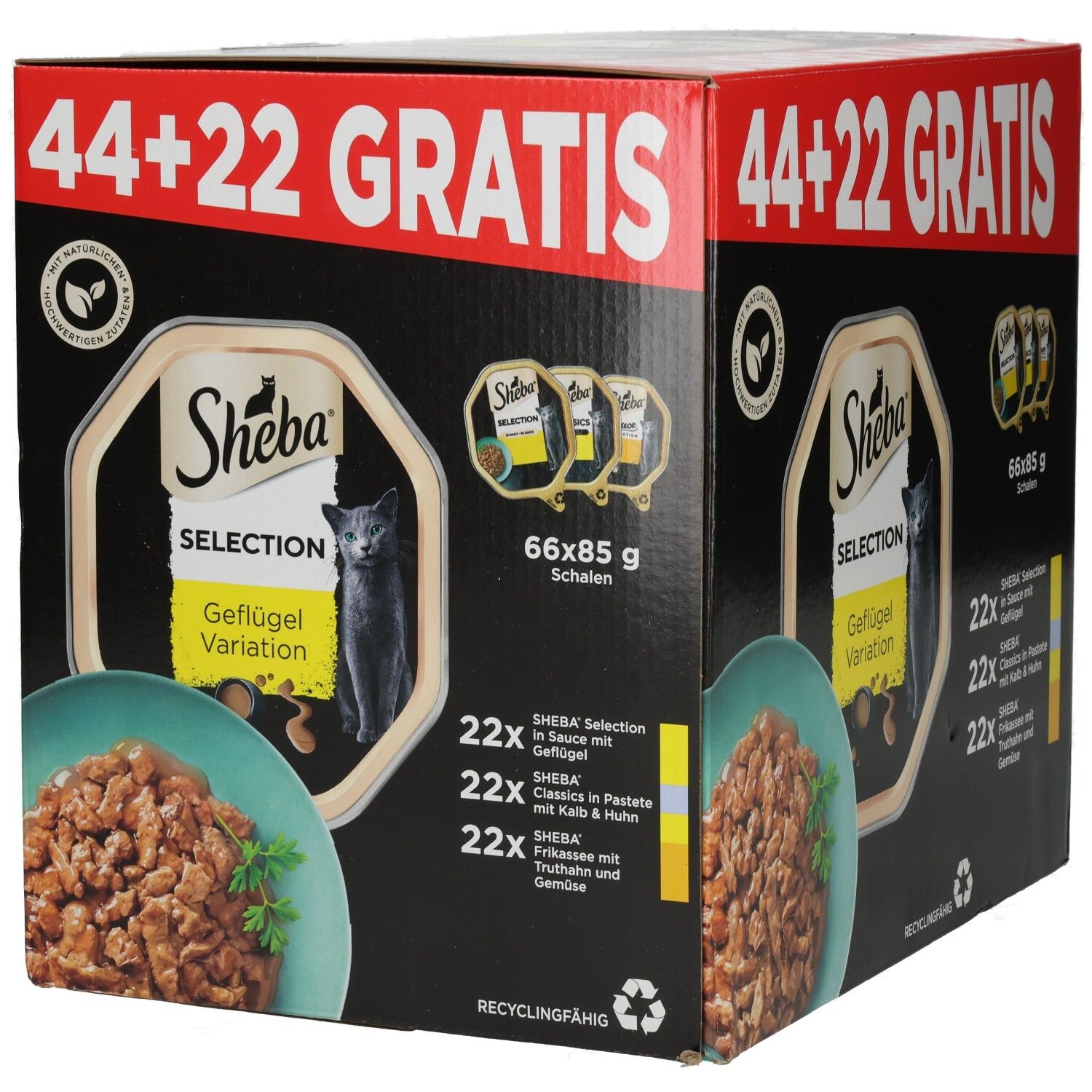 SHEBA Schale PLUSPACK Geflügel 44 + 22 Gratis. Enthält 66 Schalen à 85g. Verschiedene Sorten Geflügel.