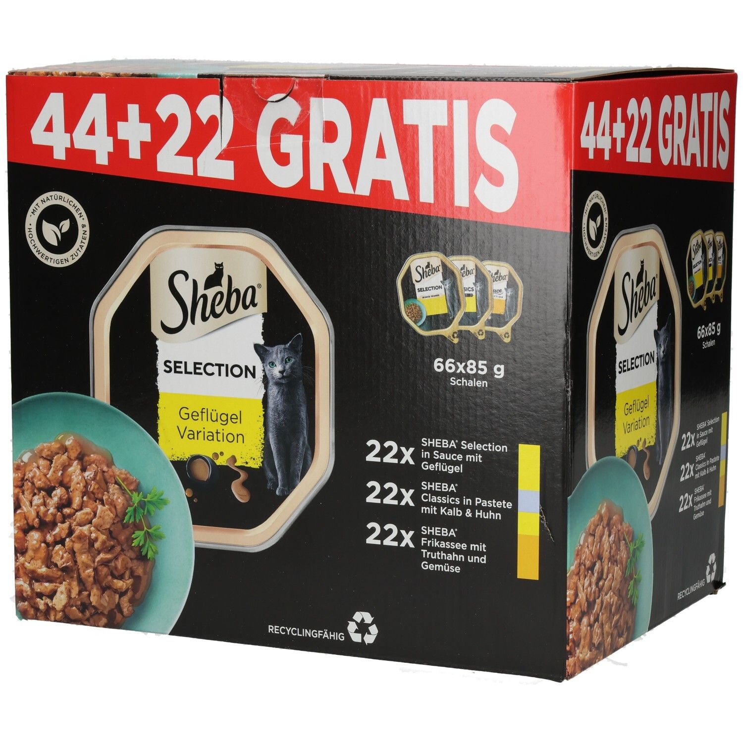 SHEBA Schale PLUSPACK Geflügel 44 + 22 Gratis. Enthält 66 Schalen à 85g. Verschiedene Sorten Geflügel.