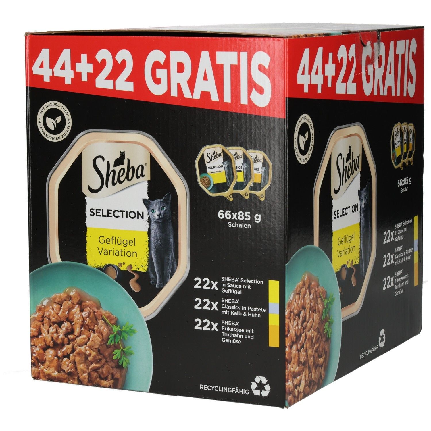 SHEBA Schale PLUSPACK Geflügel 44 + 22 Gratis. Enthält 66 Schalen à 85g. Verschiedene Sorten Geflügel.