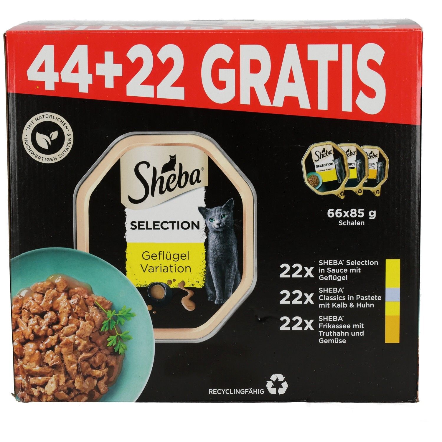 SHEBA Schale PLUSPACK Geflügel 44 + 22 Gratis. Enthält 66 Schalen à 85g. Verschiedene Sorten Geflügel.