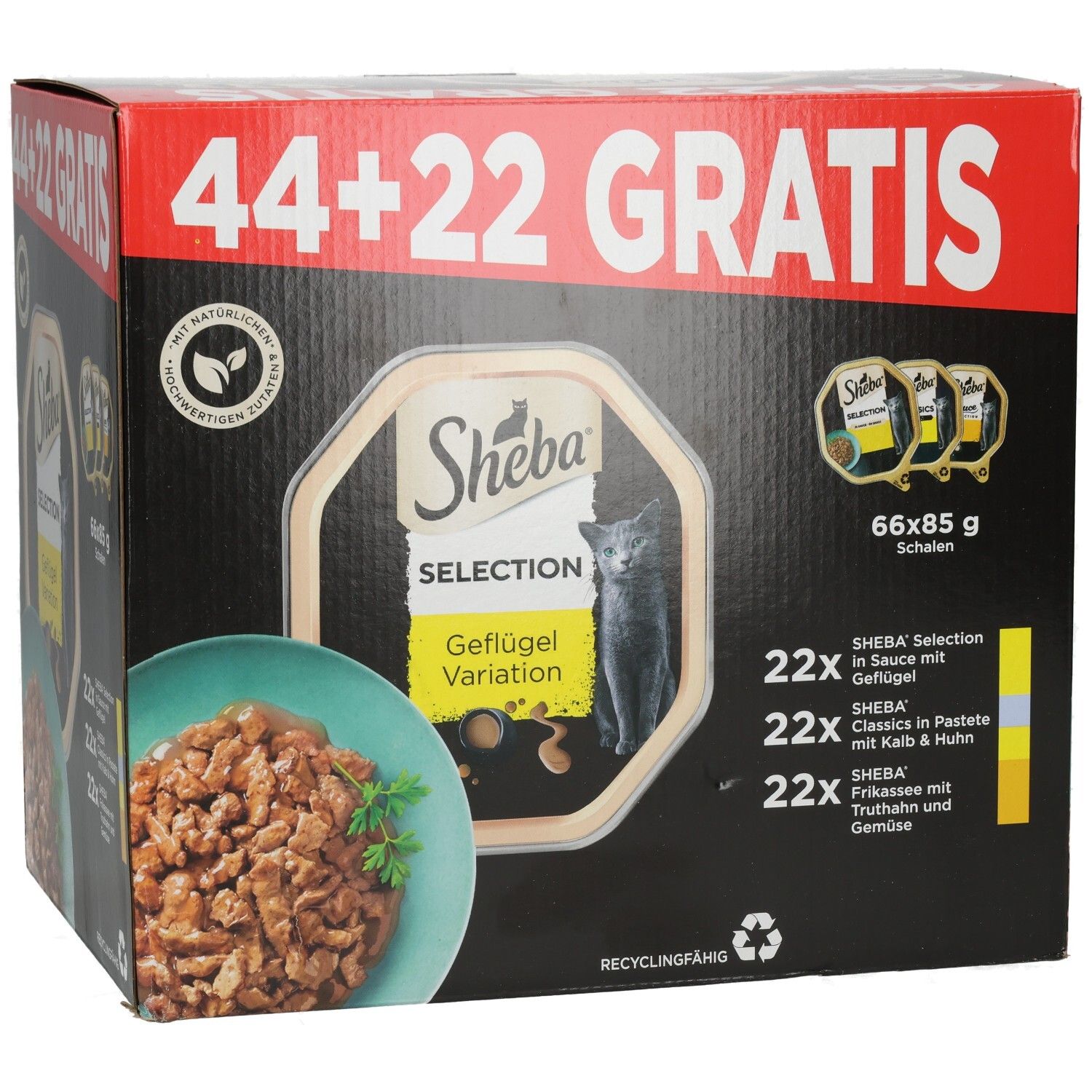 SHEBA Schale PLUSPACK Geflügel 44 + 22 Gratis. Enthält 66 Schalen à 85g. Verschiedene Sorten Geflügel.