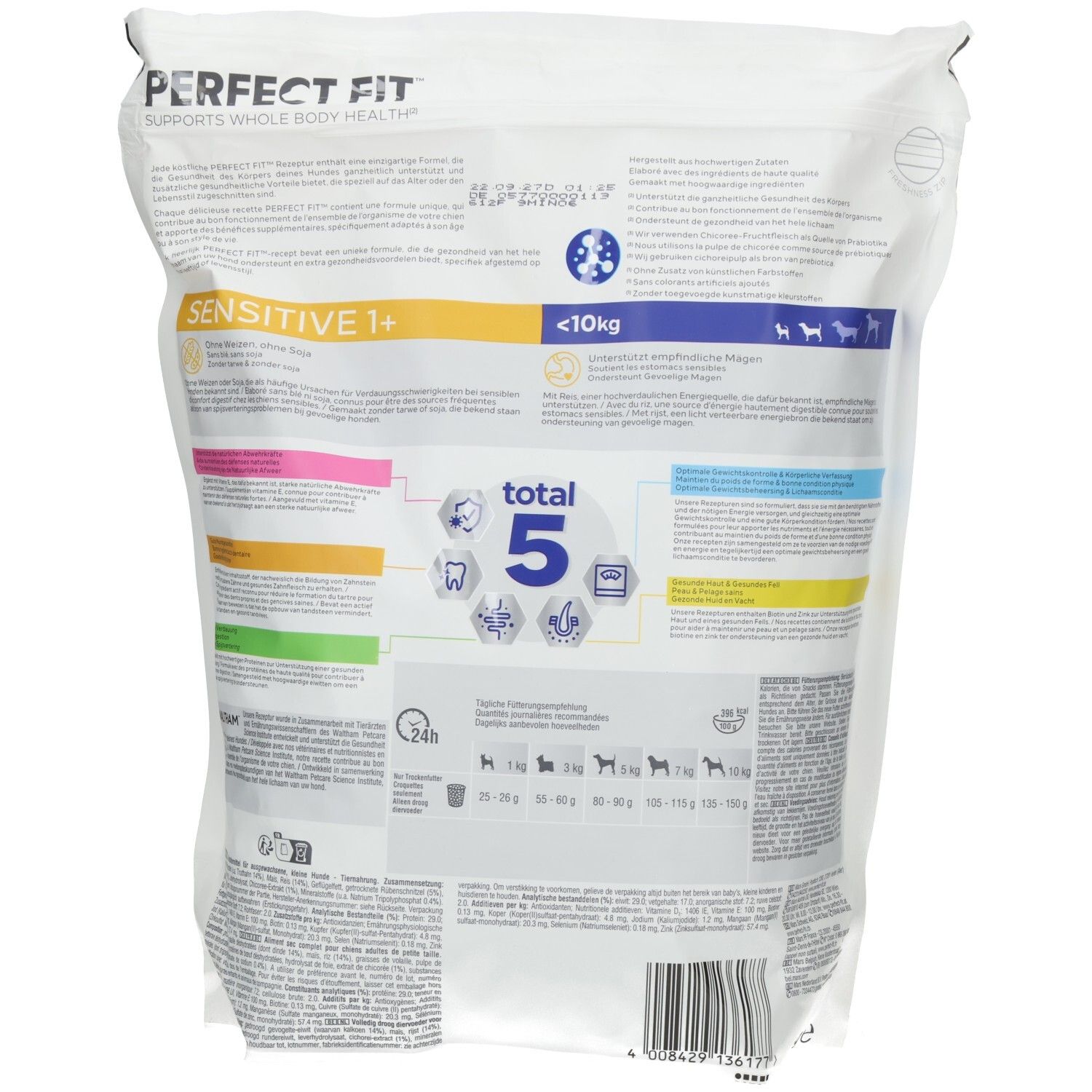 Rückseite Perfect Fit Hundefutter Sensitive 1+ mit Truthahn. Fütterungsempfehlungen nach Gewicht. 1,4kg.