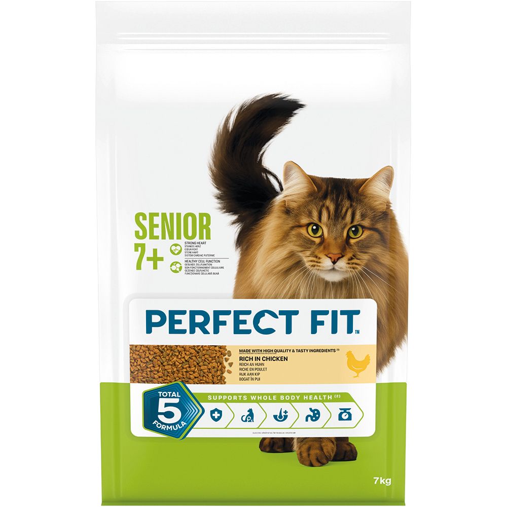 Perfect Fit Senior 7+ Katzenfutter, 7kg Beutel mit Huhn. Vorderseite mit Katze und Produktinformationen.