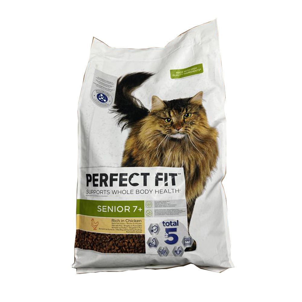 Perfect Fit Senior 7+ Katzenfutter, 7kg Beutel mit Huhn. Vorderseite mit Katze und Produktinformationen.
