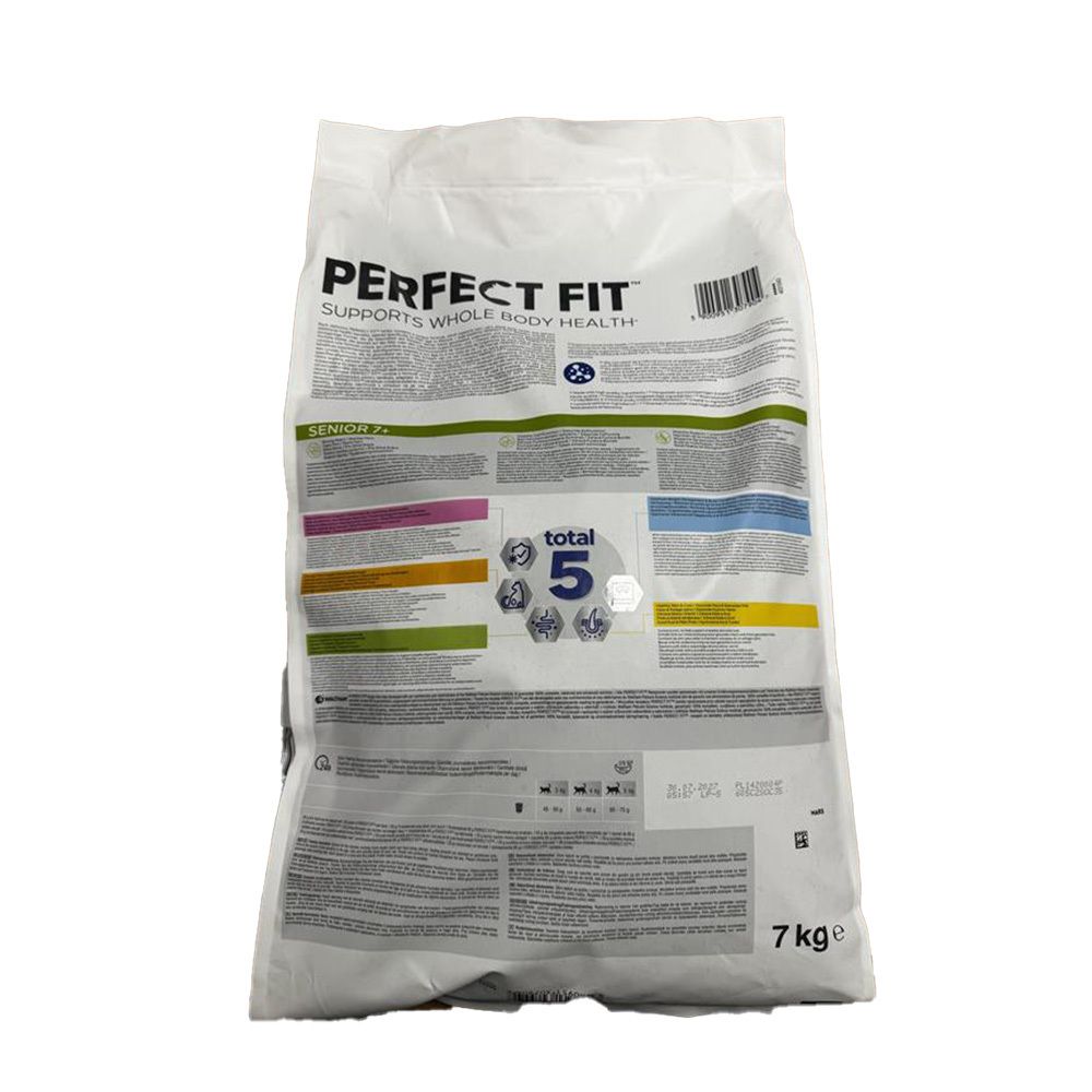 Perfect Fit Senior 7+ Katzenfutter, 7kg Beutel mit Huhn. Rückseite mit detaillierten Produktinformationen und Inhaltsstoffen.