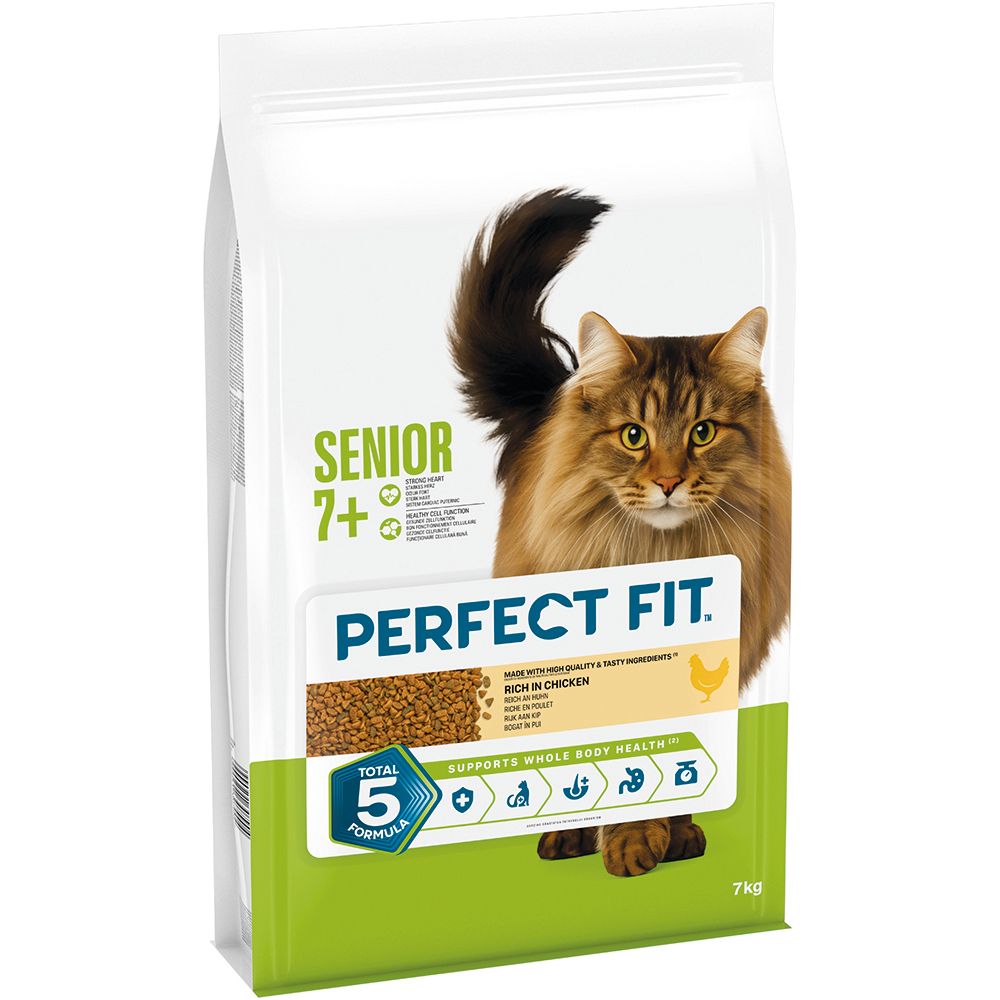 Perfect Fit Senior 7+ Katzenfutter, 7kg Beutel mit Huhn. Vorderseite mit Katze und Produktinformationen.