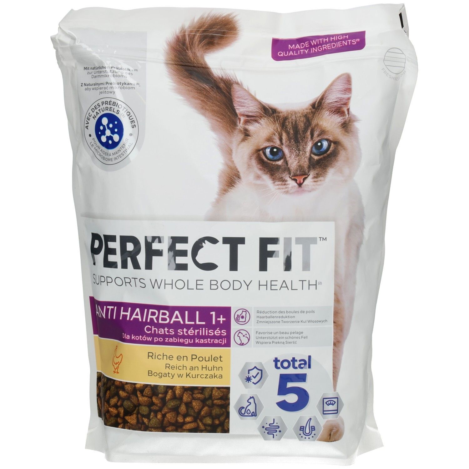 Perfect Fit Anti Hairball Trockennahrung 1,4 kg Beutel mit Huhn und Katze.