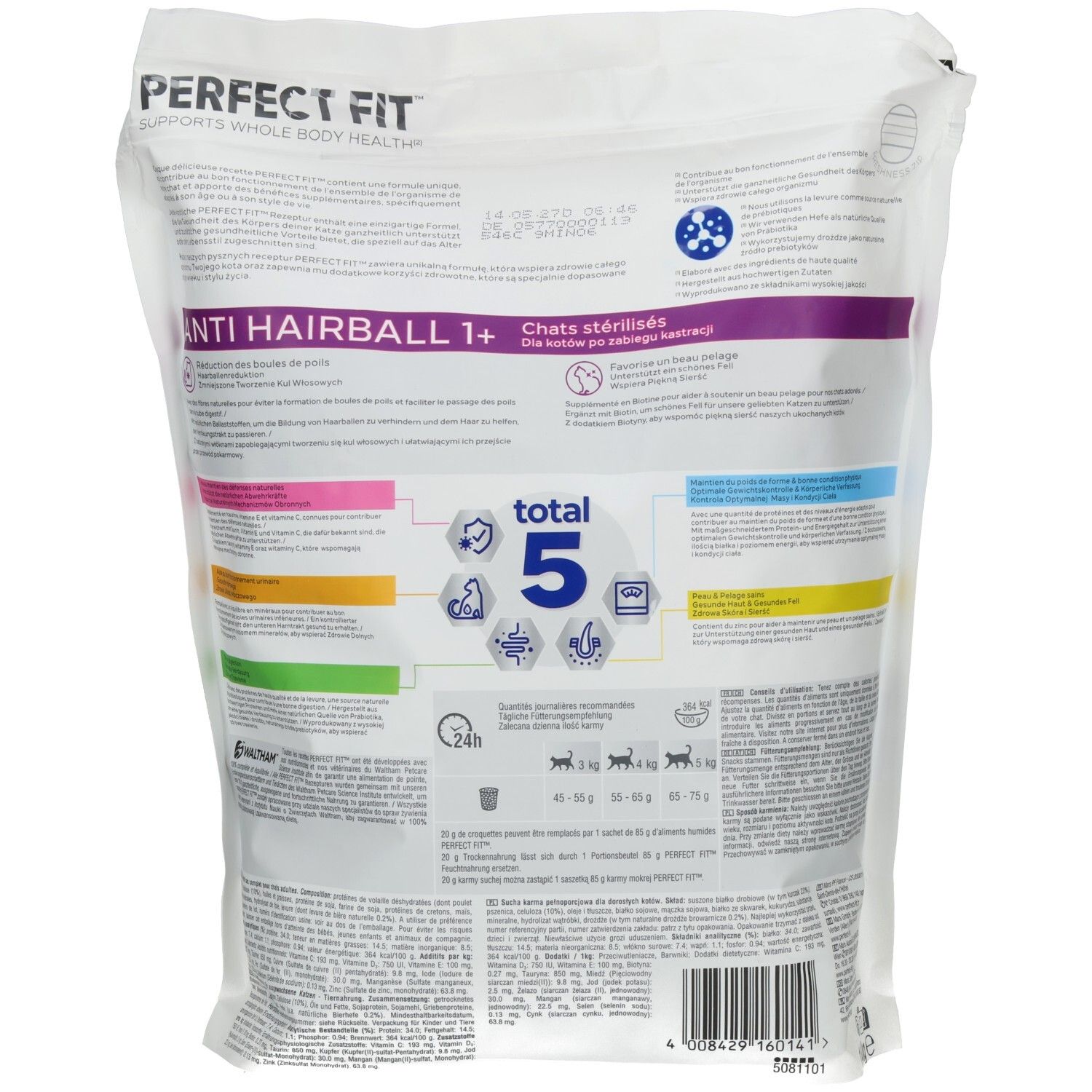 Rückseite Perfect Fit Anti Hairball Trockennahrung 1,4 kg Beutel mit Huhn.
